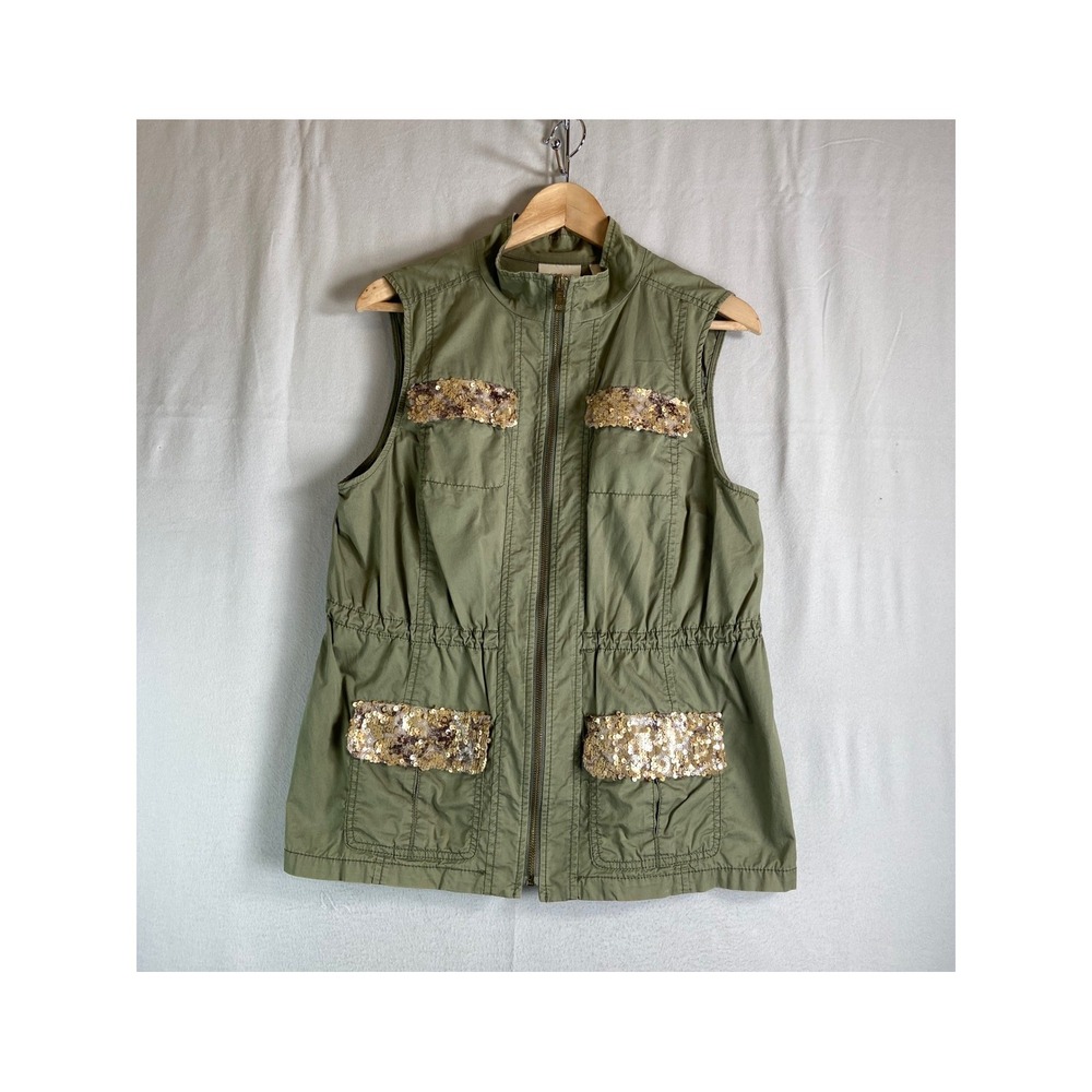 Chico's Women Size 1 Olive Green Utility Vest Gold Sequin Pocket Full Zip Front